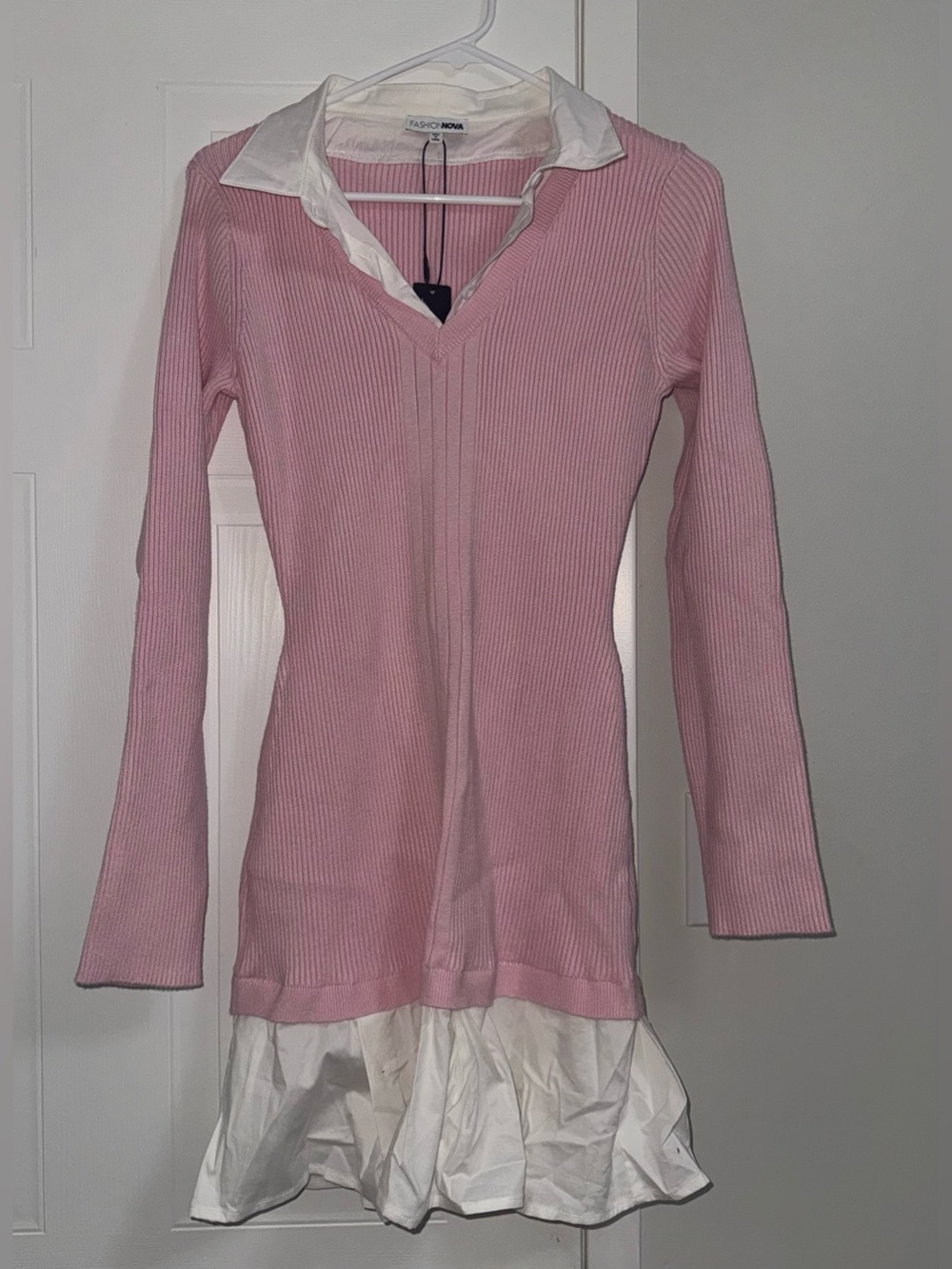Fashion Nova Light Pink Ribbed V-Neck Sweater Dress with White Shirt Detail